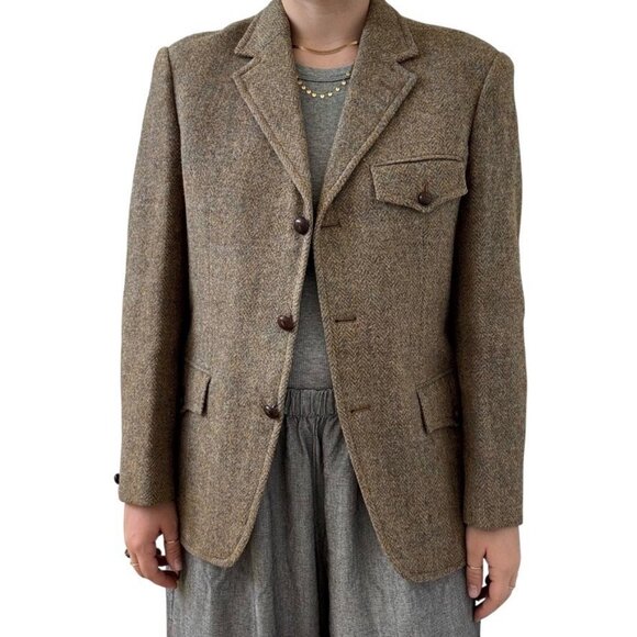 Vintage Harris Tweed Blue Brown Wool Chevron Woven in Scotland Sport Coat Blazer - Picture 1 of 11